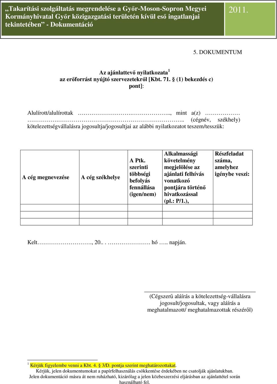 szerinti többségi befolyás fennállása (igen/nem) Alkalmassági követelmény megjelölése az ajánlati felhívás vonatkozó pontjára történő hivatkozással (pl.: P/1.