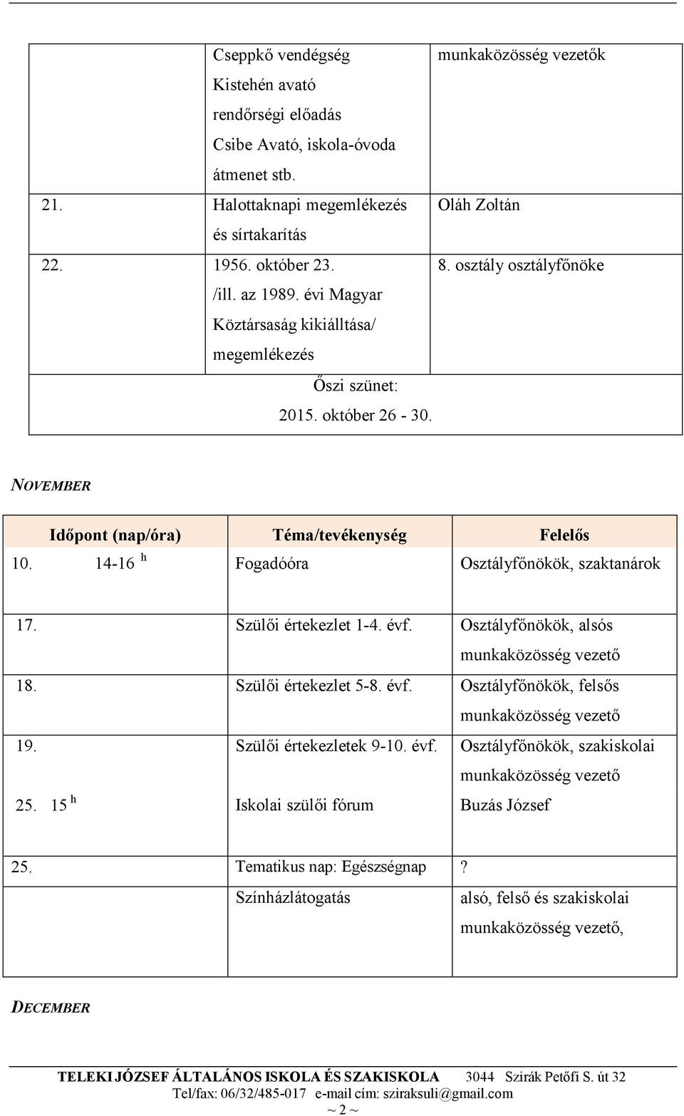 14-16 h Fogadóóra Osztályfőnökök, szaktanárok 17. Szülői értekezlet 1-4. évf. Osztályfőnökök, alsós 18. Szülői értekezlet 5-8. évf. Osztályfőnökök, felsős 19.