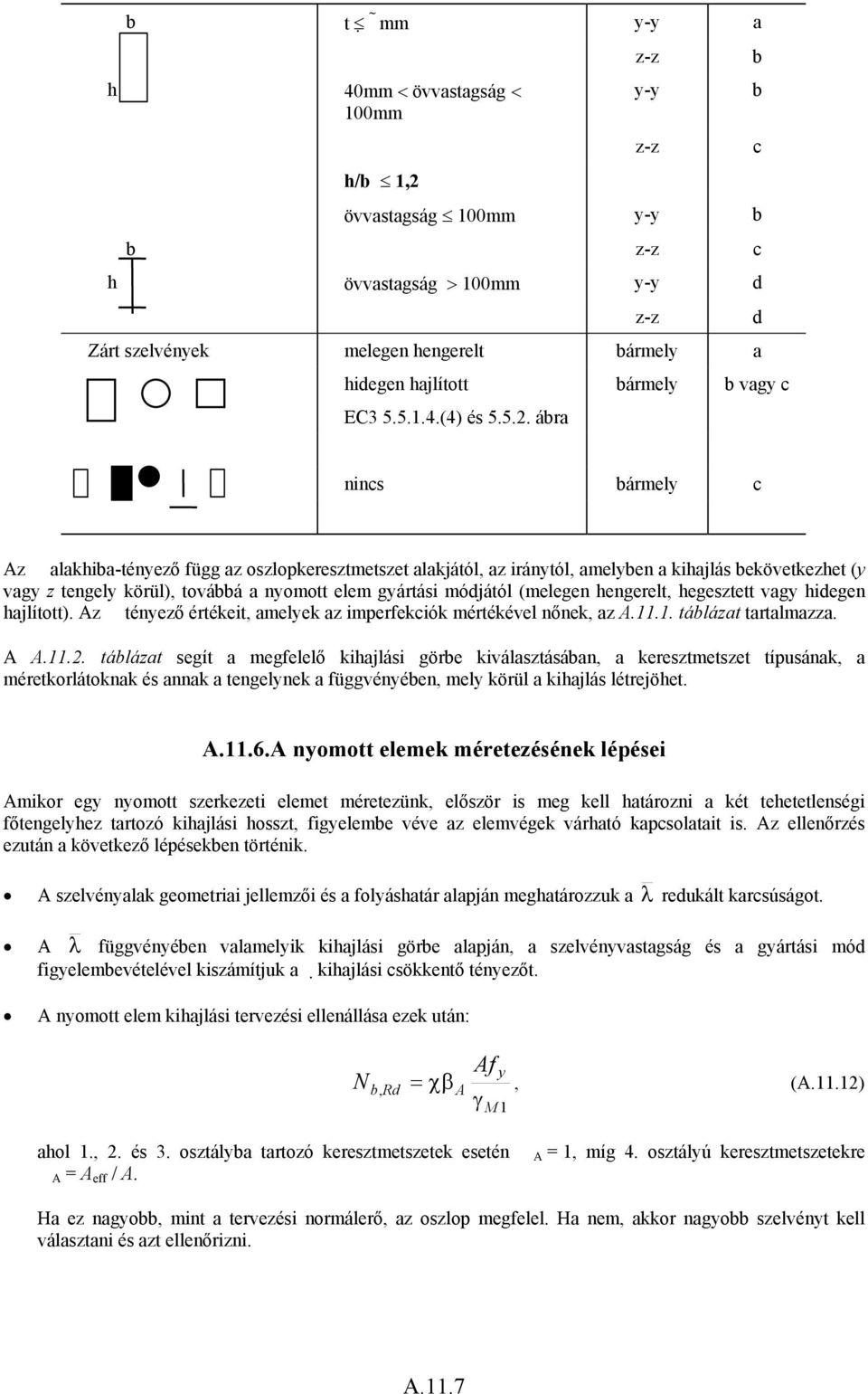 körül), továbbá a nyomott elem gyártási módjától (melegen hengerelt, hegesztett vagy hidegen hajlított). Az tényező értékeit, amelyek az imperfekciók mértékével nőnek, az A... táblázat tartalmazza.