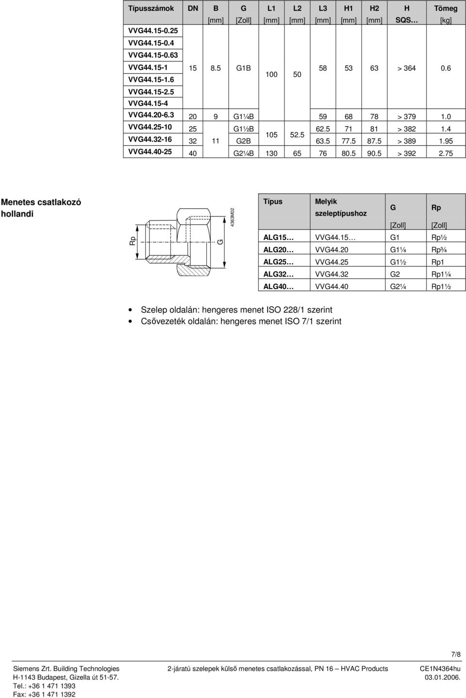 szeleptípushoz G [Zoll] Rp [Zoll] Rp G ALG5 VVG445 G Rp½ ALG20 VVG4420 G¼ Rp¾ ALG25 VVG4425 G½ Rp ALG32 VVG4432 G2 Rp¼ ALG40 VVG4440 G2¼ Rp½ Szelep oldalán: hengeres menet ISO 228/ szerint Csővezeték