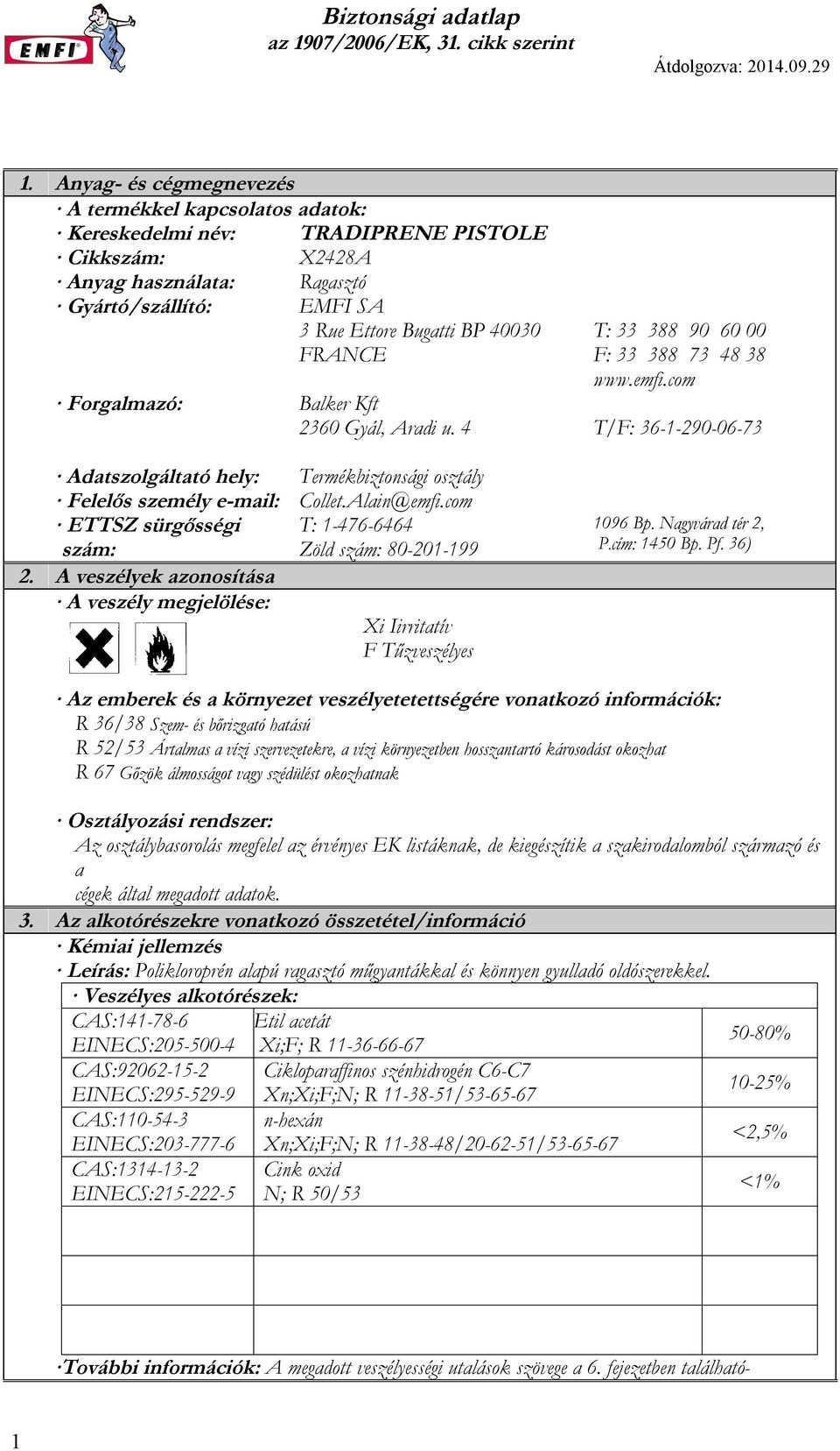 com ETTSZ sürgősségi T: 1-476-6464 szám: Zöld szám: 80-201-199 2. A veszélyek azonosítása A veszély megjelölése: Xi Iirritatív F Tűzveszélyes 1096 Bp. Nagyvárad tér 2, P.cím: 1450 Bp. Pf.