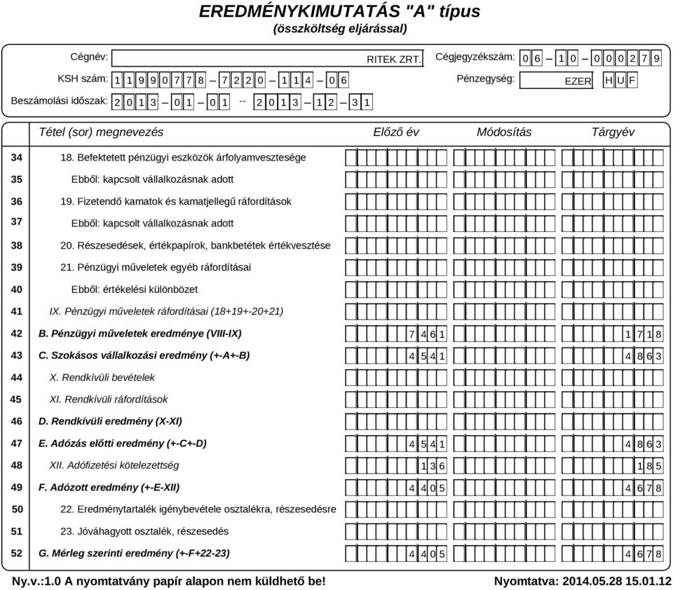 34 35 36 37 38 39 40 41 42 43 44 45 46 47 48 49 50 51 52 18. Befektetett pénzügyi eszközök árfolyamvesztesége Ebből: kapcsolt vállalkozásnak adott 19.