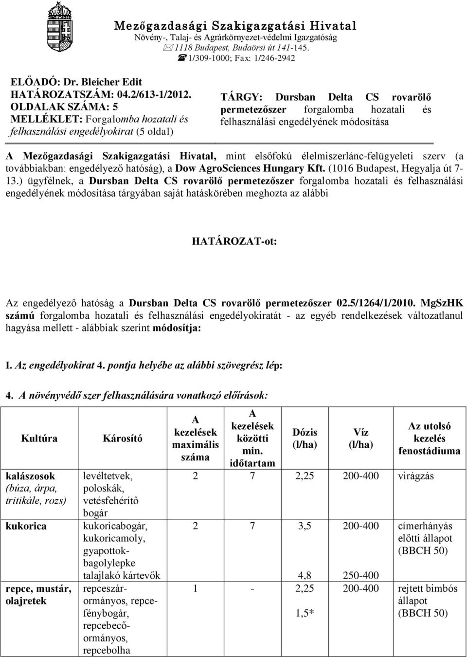 OLDALAK SZÁMA: 5 MELLÉKLET: Forgalomba hozatali és felhasználási engedélyokirat (5 oldal) TÁRGY: Dursban Delta CS rovarölő permetezőszer forgalomba hozatali és felhasználási engedélyének módosítása A