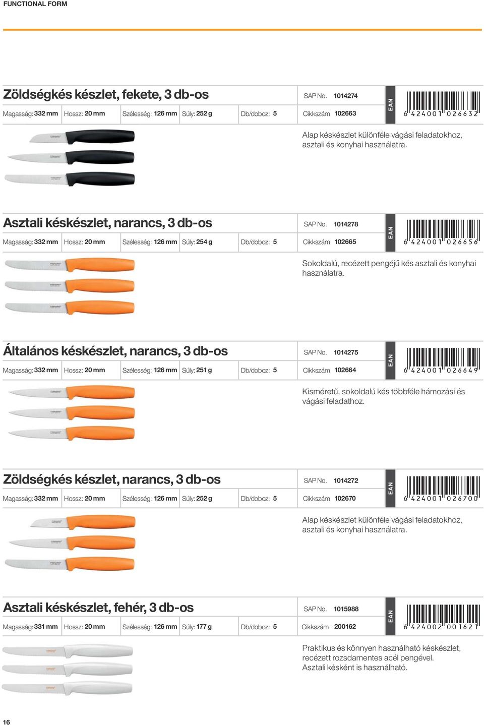 Asztali késkészlet, narancs, 3 db-os 1014278 Magasság: 332 mm Hossz: 20 mm Szélesség: 126 mm Súly: 254 g Db/doboz: 5 Cikkszám 102665 +!4<>:01"DFJJIJ!