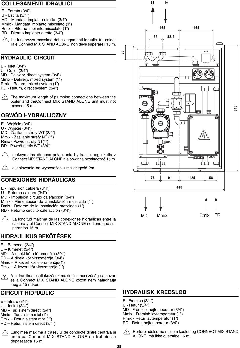 U E HYDRAULIC CIRCUIT E - Inlet (3/4 ) U - Outlet (3/4 ) MD - Delivery, direct system (3/4 ) Mmix - Delivery, mixed system (1 ) Rmix - Return, mixed system (1 ) RD - Return, direct system (3/4 ) The