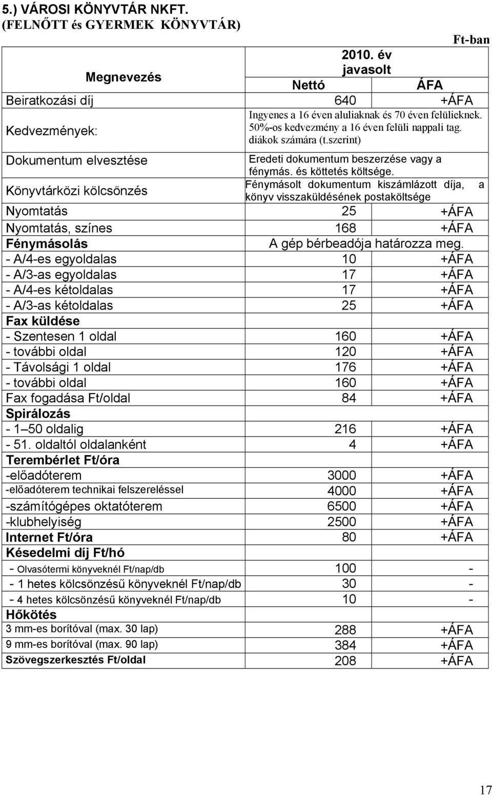 Fénymásolt dokumentum kiszámlázott díja, a Könyvtárközi kölcsönzés könyv visszaküldésének postaköltsége Nyomtatás 25 +ÁFA Nyomtatás, színes 168 +ÁFA Fénymásolás A gép bérbeadója határozza meg.