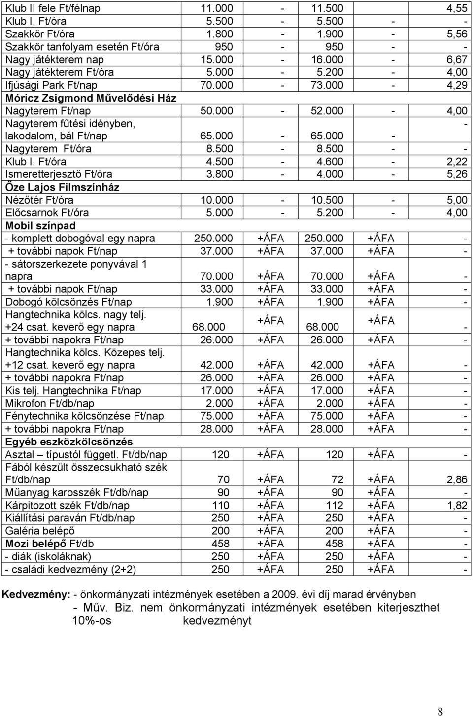 000-4,00 Nagyterem fűtési idényben, - lakodalom, bál Ft/nap 65.000-65.000 - Nagyterem Ft/óra 8.500-8.500 - - Klub I. Ft/óra 4.500-4.600-2,22 Ismeretterjesztő Ft/óra 3.800-4.