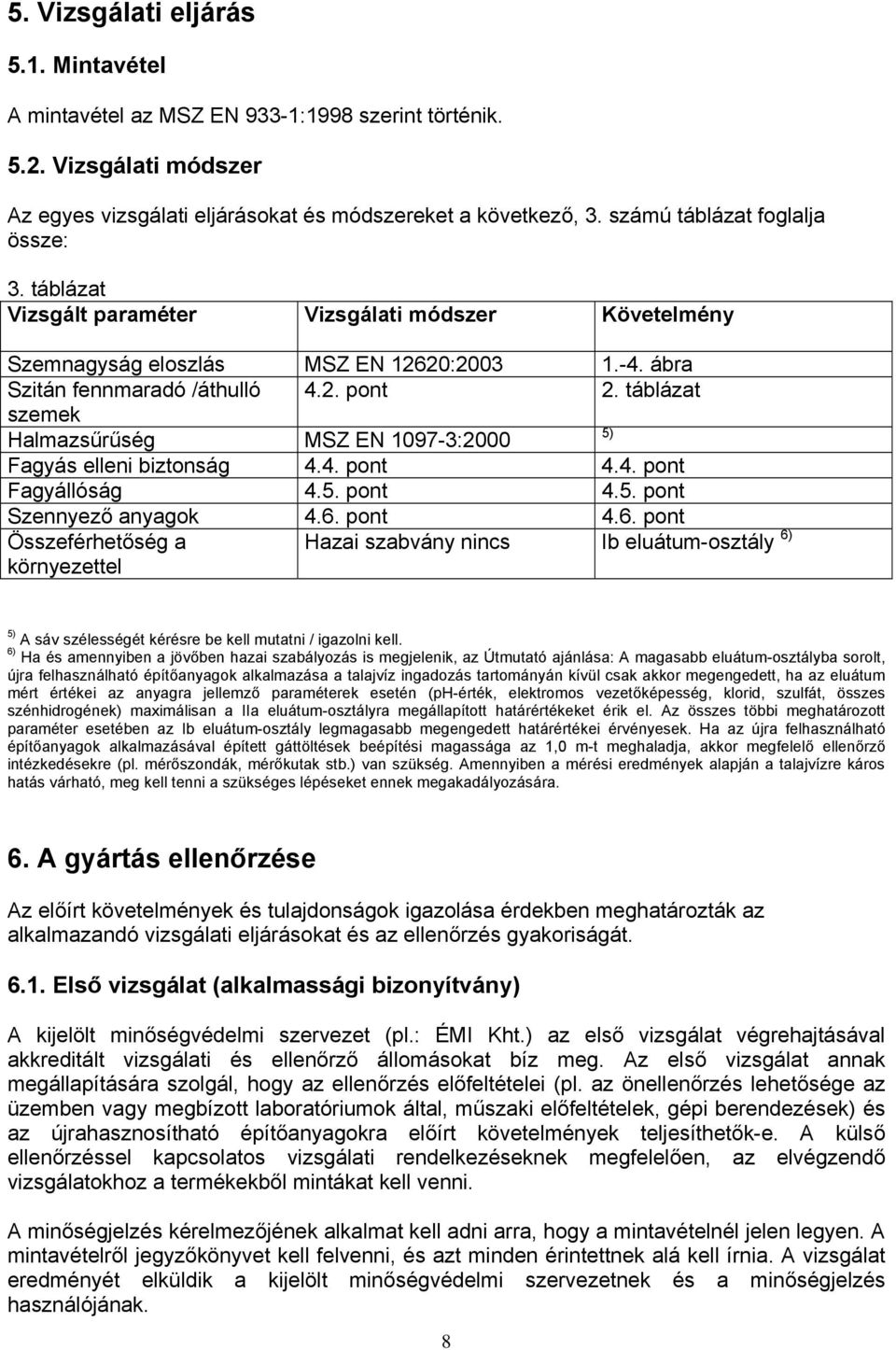 táblázat szemek Halmazsűrűség MSZ EN 1097-3:2000 5) Fagyás elleni biztonság 4.4. pont 4.4. pont Fagyállóság 4.5. pont 4.5. pont Szennyező anyagok 4.6.