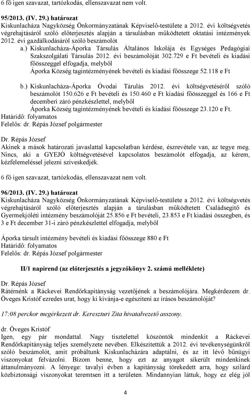 ) Kiskunlacháza-Áporka Társulás Általános Iskolája és Egységes Pedagógiai Szakszolgálati Társulás 2012. évi beszámolóját 302.