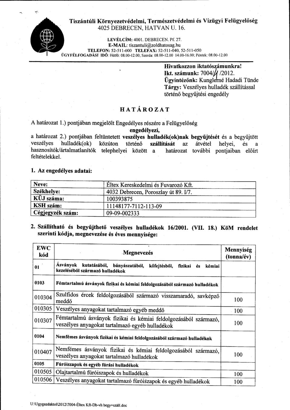 szdmu nk: 70041f/ 12012. Ugyint6z6nk Kunglehnd Hadadi Ttinde Tdrgy: Veszdlyes hulladdk sz6llit6ssal t<jrt6n6 be gyrijtdsi enged6ly HATANO ZAT Ahatirozat 1.