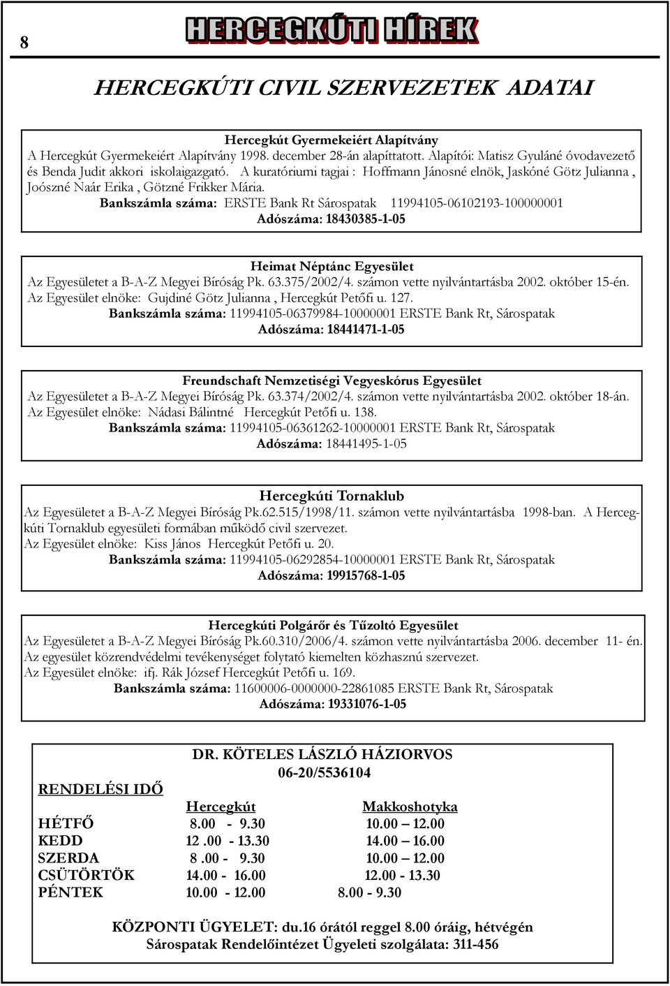 Bankszámla száma: ERSTE Bank Rt Sárospatak 11994105-06102193-100000001 Adószáma: 18430385-1-05 Heimat Néptánc Egyesület Az Egyesületet a B-A-Z Megyei Bíróság Pk. 63.375/2002/4.