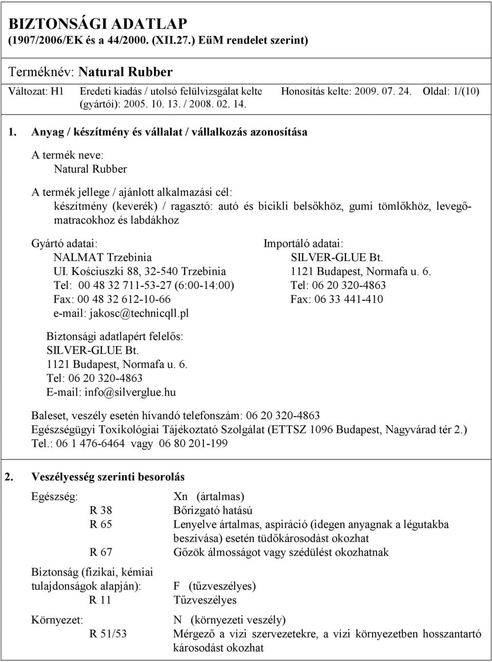 tömlőkhöz, levegőmatracokhoz és labdákhoz Gyártó adatai: Importáló adatai: NALMAT Trzebinia SILVER-GLUE Bt. UI. Kościuszki 88, 32-540 Trzebinia 1121 Budapest, Normafa u. 6.