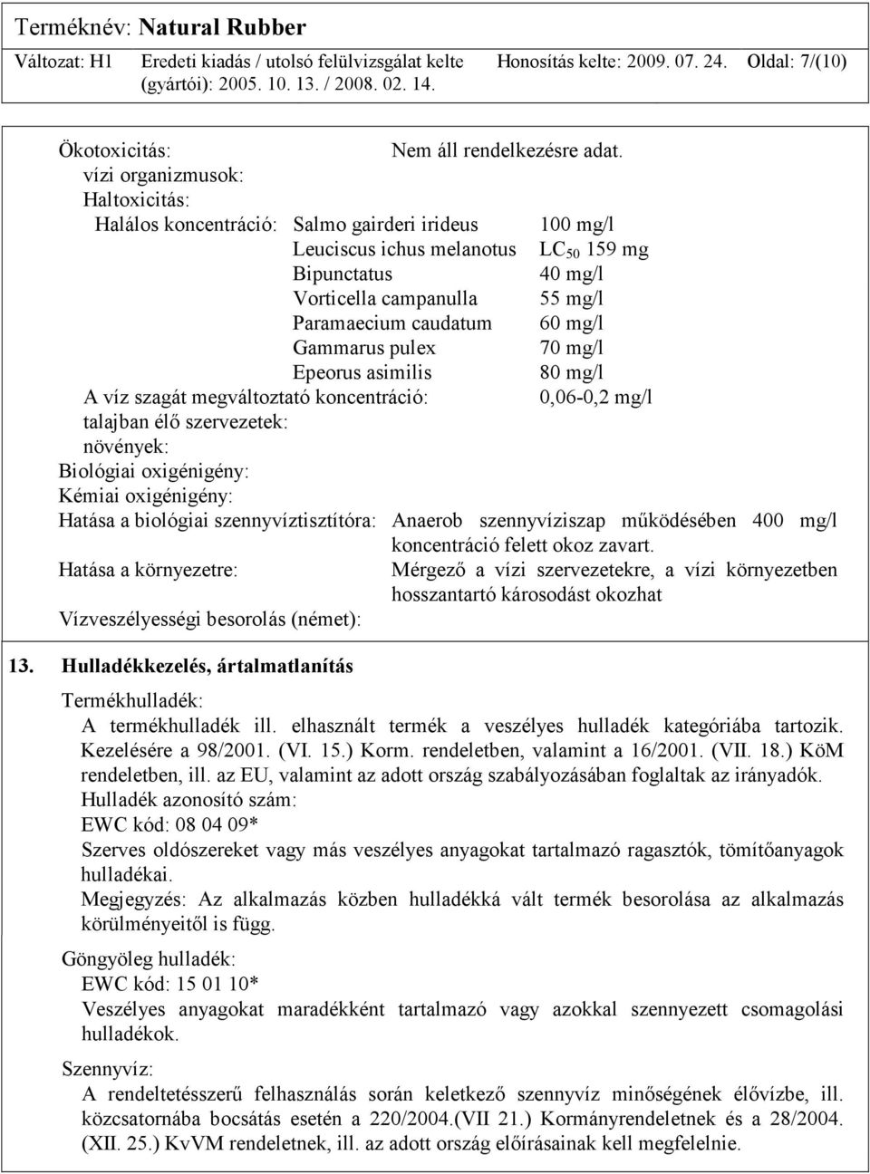 mg/l Gammarus pulex 70 mg/l Epeorus asimilis 80 mg/l A víz szagát megváltoztató koncentráció: 0,06-0,2 mg/l talajban élő szervezetek: növények: Biológiai oxigénigény: Kémiai oxigénigény: Hatása a