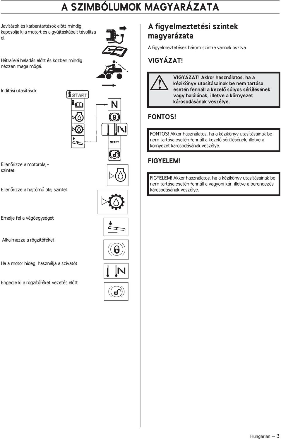 VIGYÁZAT Indítási utasítások VIGYÁZAT Akkor használatos, ha a kézikönyv utasításainak be nem tartása esetén fennáll a kezelœ súlyos sérülésének vagy halálának, illetve a környezet károsodásának