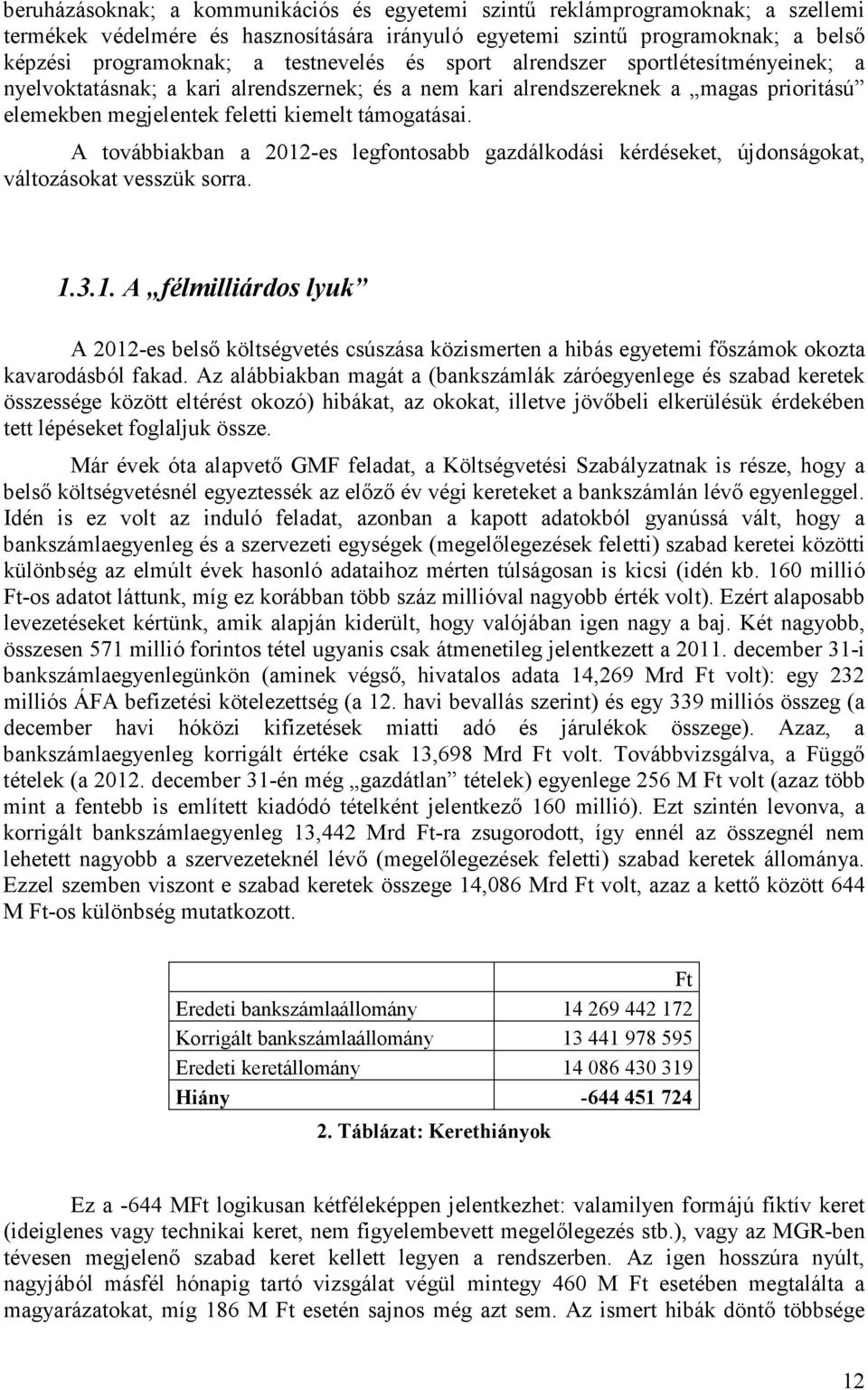 A továbbiakban a 2012-es legfontosabb gazdálkodási kérdéseket, újdonságokat, változásokat vesszük sorra. 1.3.1. A félmilliárdos lyuk A 2012-es belsı költségvetés csúszása közismerten a hibás egyetemi fıszámok okozta kavarodásból fakad.