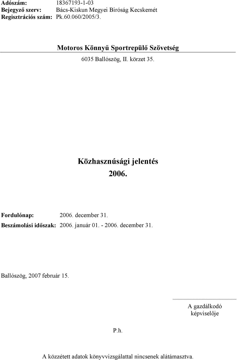 Fordulónap: 2006. december 31. Beszámolási időszak: 2006. január 01. - 2006. december 31. Ballószög, 2007 február 15.