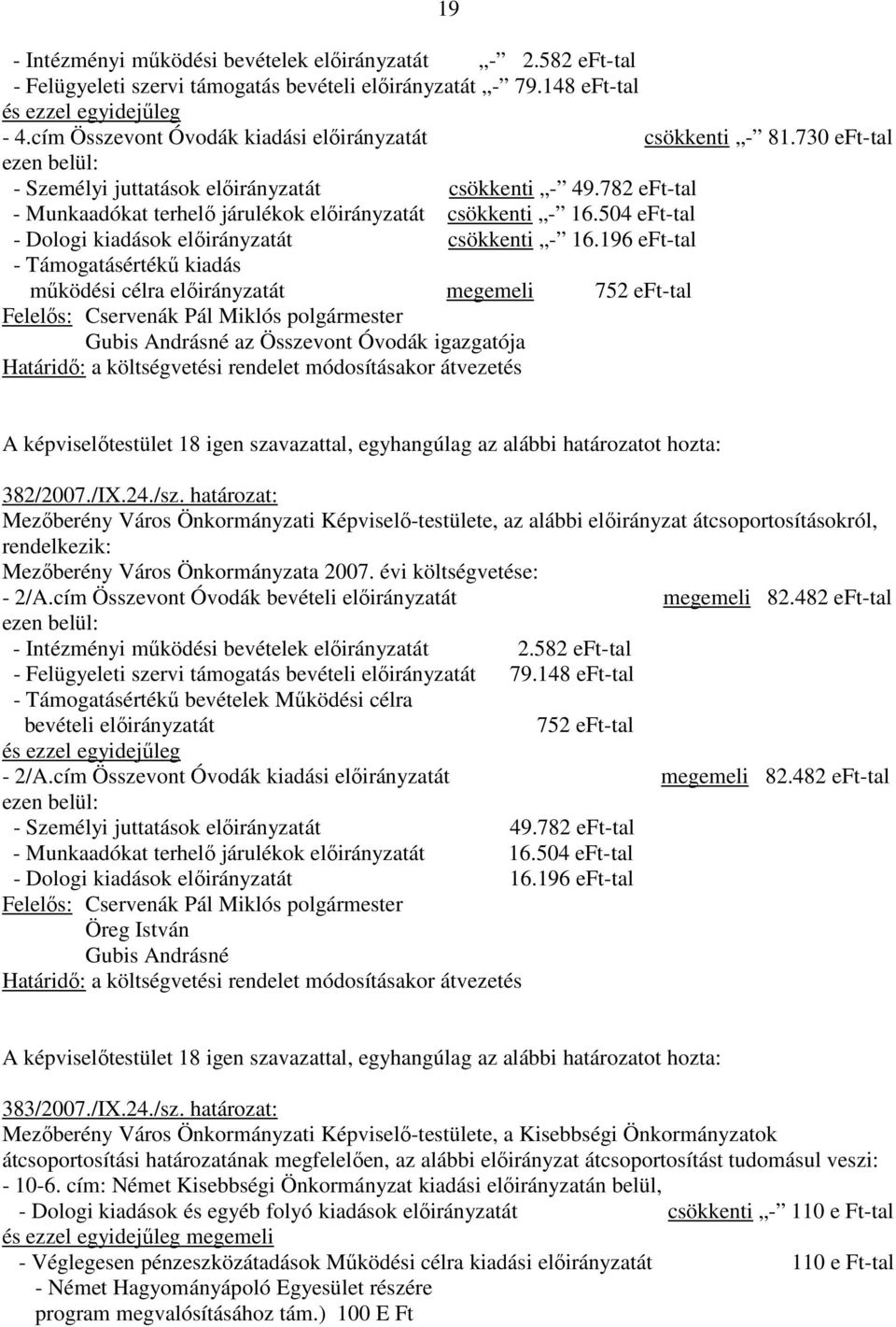 782 eft-tal - Munkaadókat terhelı járulékok elıirányzatát csökkenti - 16.504 eft-tal - Dologi kiadások elıirányzatát csökkenti - 16.