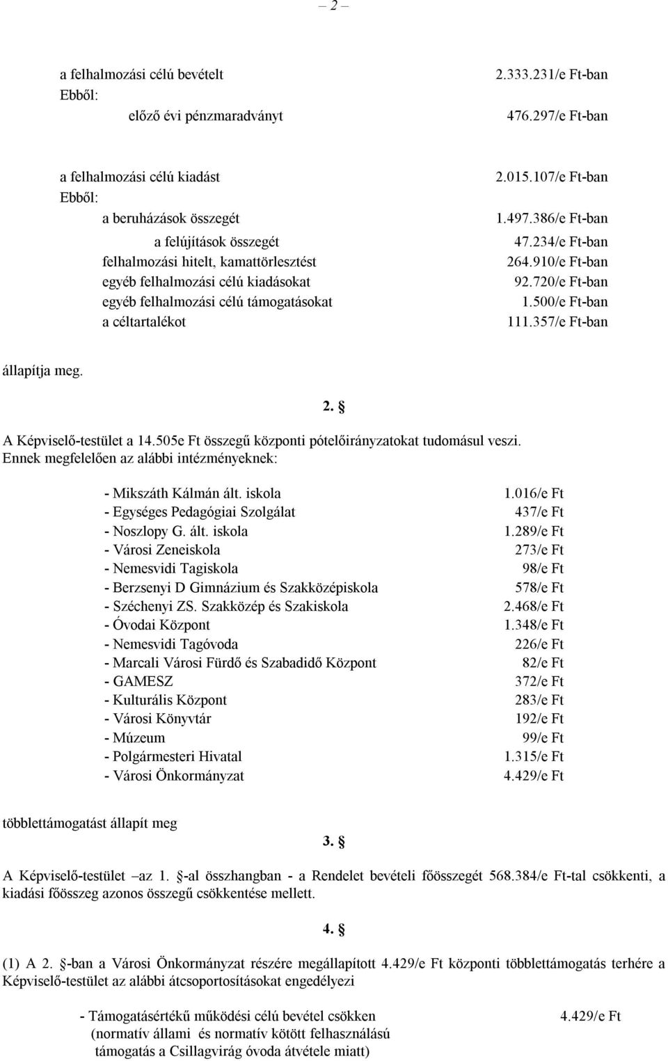 támogatásokat a céltartalékot 2.015.107/e Ft-ban 1.497.386/e Ft-ban 47.234/e Ft-ban 264.910/e Ft-ban 92.720/e Ft-ban 1.500/e Ft-ban 111.357/e Ft-ban állapítja meg. A Képviselő-testület a 14.