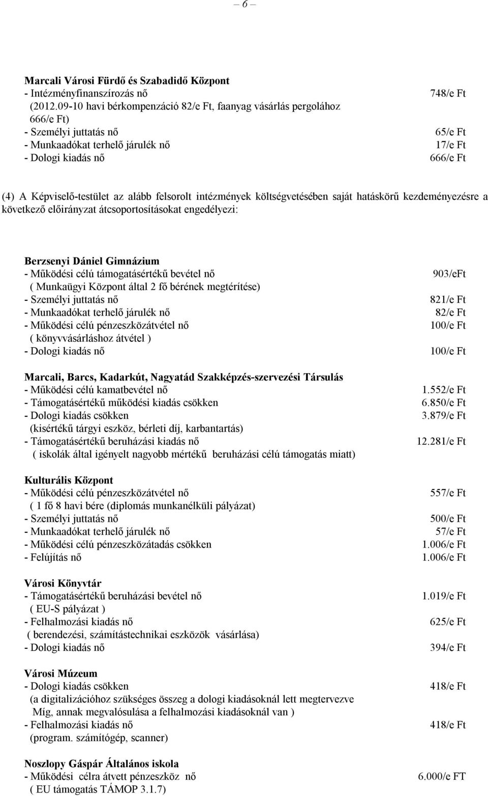 az alább felsorolt intézmények költségvetésében saját hatáskörű kezdeményezésre a következő előirányzat átcsoportosításokat engedélyezi: Berzsenyi Dániel Gimnázium - Működési célú támogatásértékű