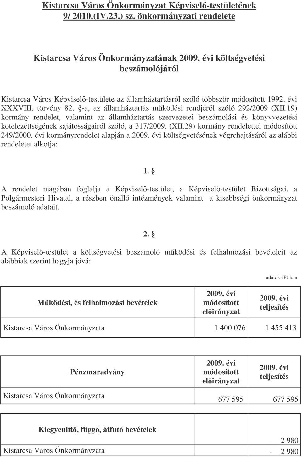 -a, az államháztartás mködési rendjérl szóló 292/2009 (XII.