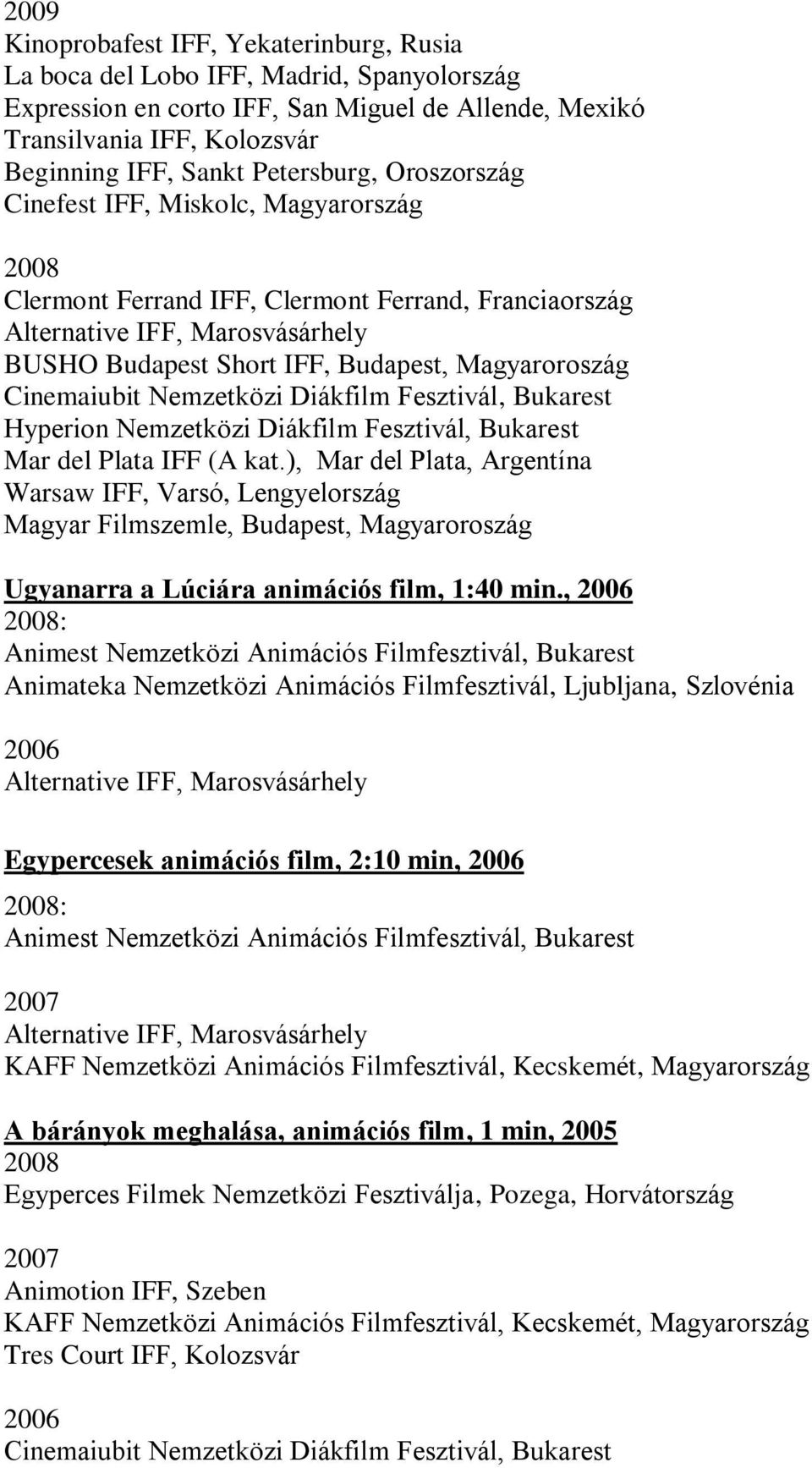 Magyaroroszág Cinemaiubit Nemzetközi Diákfilm Fesztivál, Bukarest Hyperion Nemzetközi Diákfilm Fesztivál, Bukarest Mar del Plata IFF (A kat.