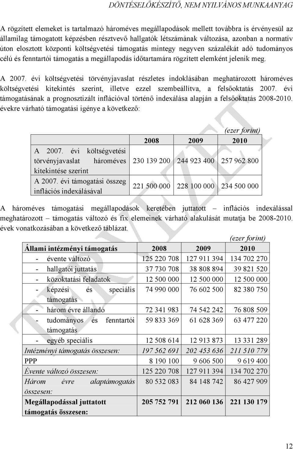 évi költségvetési törvényjavaslat részletes indoklásában meghatározott hároméves költségvetési kitekintés szerint, illetve ezzel szembeállítva, a felsőoktatás 2007.