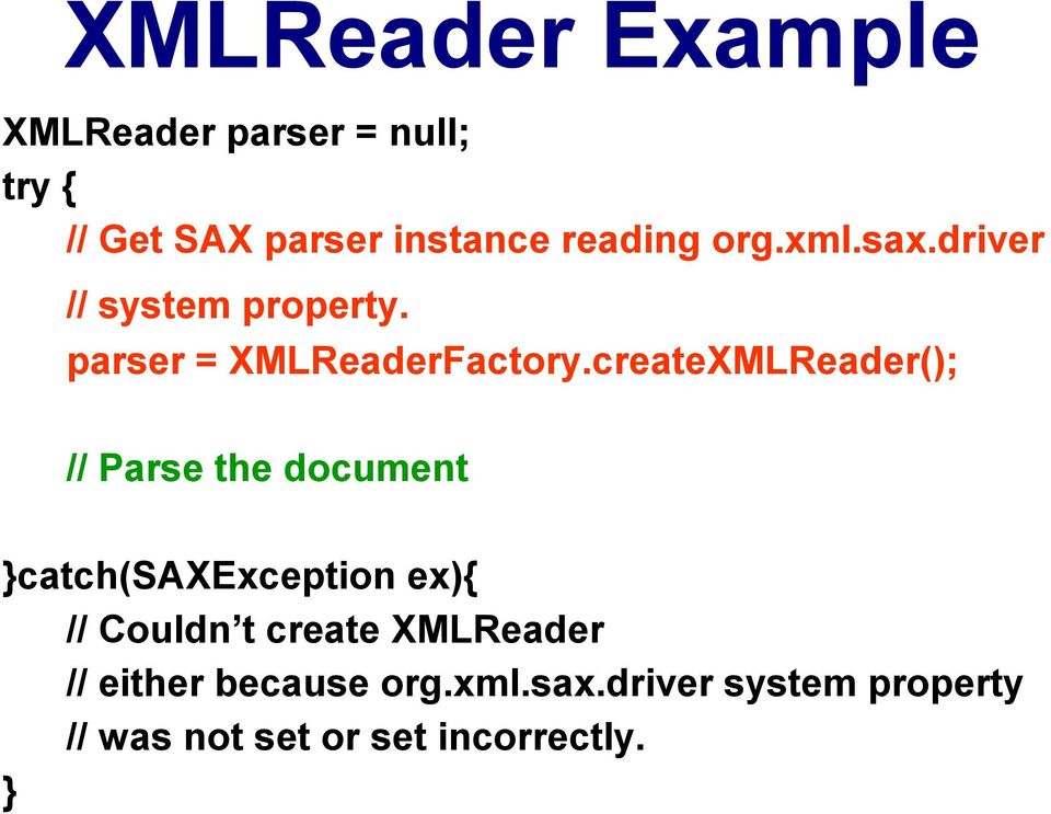 createXMLReader(); // Parse the document }catch(saxexception ex){ // Couldn t