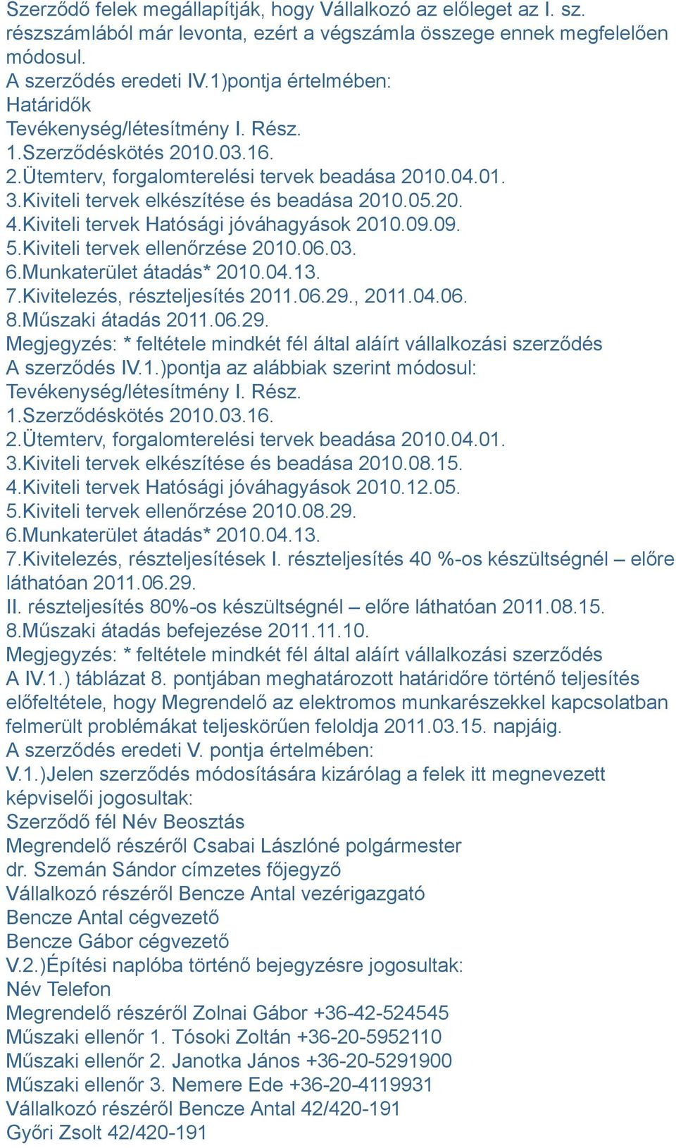 20. 4.Kiviteli tervek Hatósági jóváhagyások 2010.09.09. 5.Kiviteli tervek ellenőrzése 2010.06.03. 6.Munkaterület átadás* 2010.04.13. 7.Kivitelezés, részteljesítés 2011.06.29., 2011.04.06. 8.