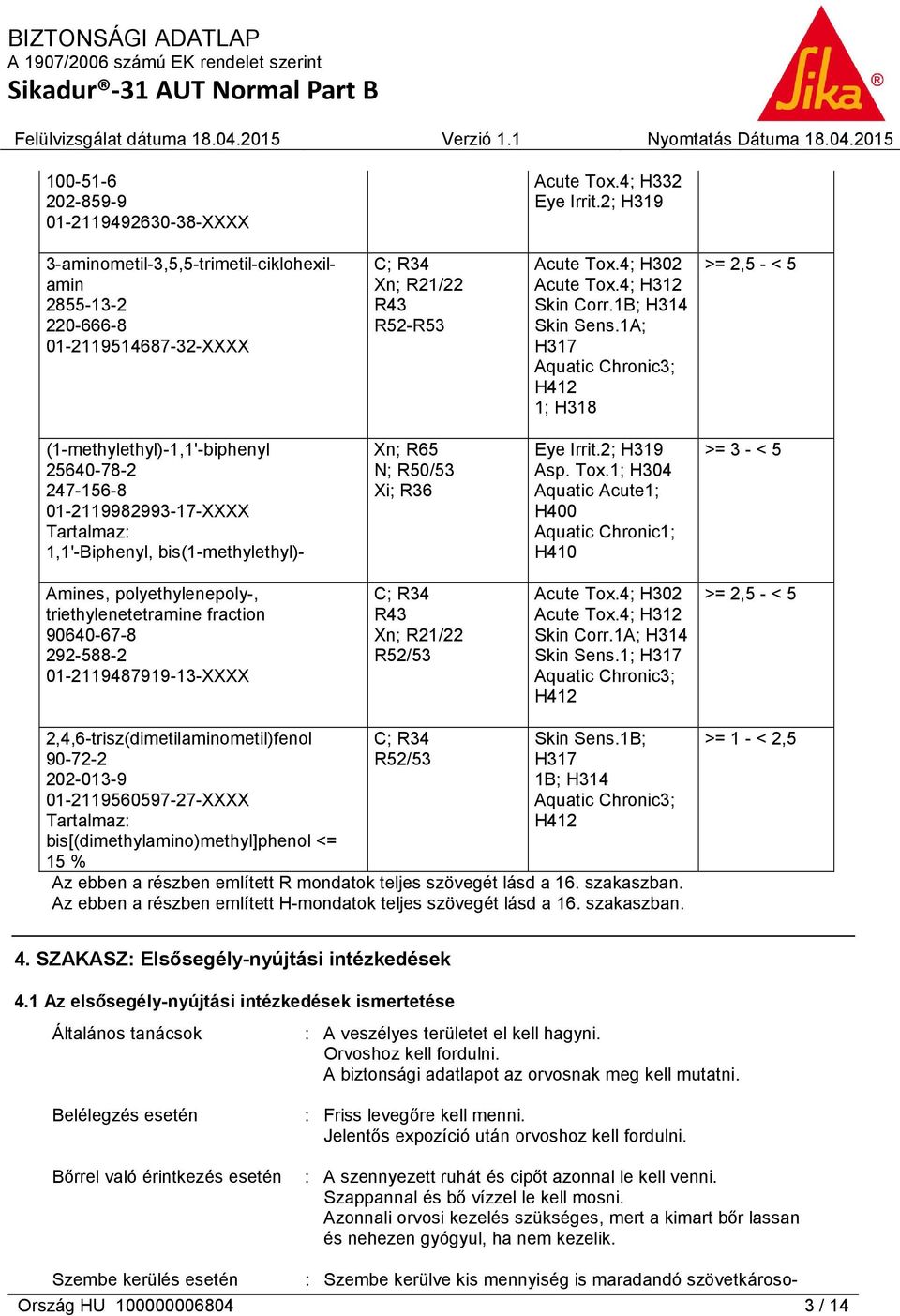 1A; H317 Aquatic Chronic3; H412 1; H318 >= 2,5 - < 5 (1-methylethyl)-1,1'-biphenyl 25640-78-2 247-156-8 01-2119982993-17-XXXX Tartalmaz: 1,1'-Biphenyl, bis(1-methylethyl)- Xn; R65 N; R50/53 Xi; R36