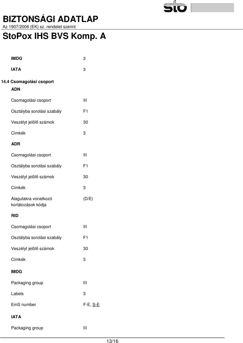 Címkék 3 ADR Csomagolási csoport Osztályba sorolási szabály III F1 Veszélyt jelölő számok 30 Címkék 3