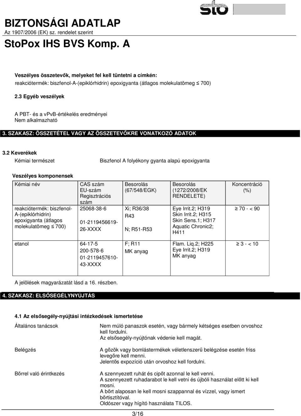 2 Keverékek Kémiai természet Biszfenol A folyékony gyanta alapú epoxigyanta Veszélyes komponensek Kémiai név reakciótermék: biszfenol- A-(epiklórhidrin) epoxigyanta (átlagos molekulatömeg 700) CAS