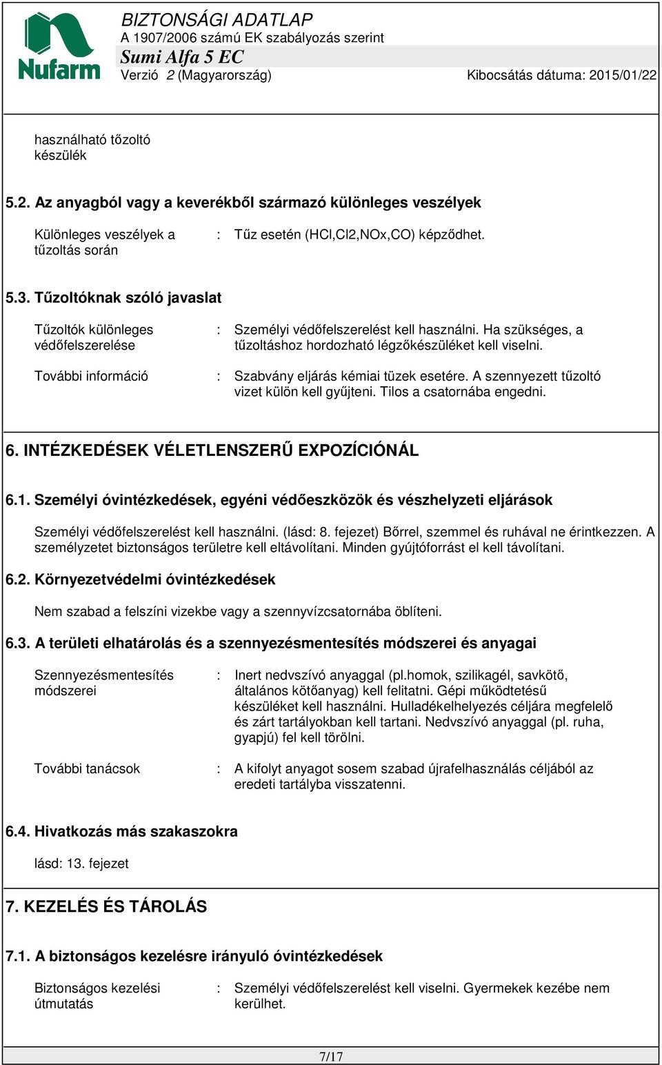 További információ : Szabvány eljárás kémiai tüzek esetére. A szennyezett tűzoltó vizet külön kell gyűjteni. Tilos a csatornába engedni. 6. INTÉZKEDÉSEK VÉLETLENSZERŰ EXPOZÍCIÓNÁL 6.1.