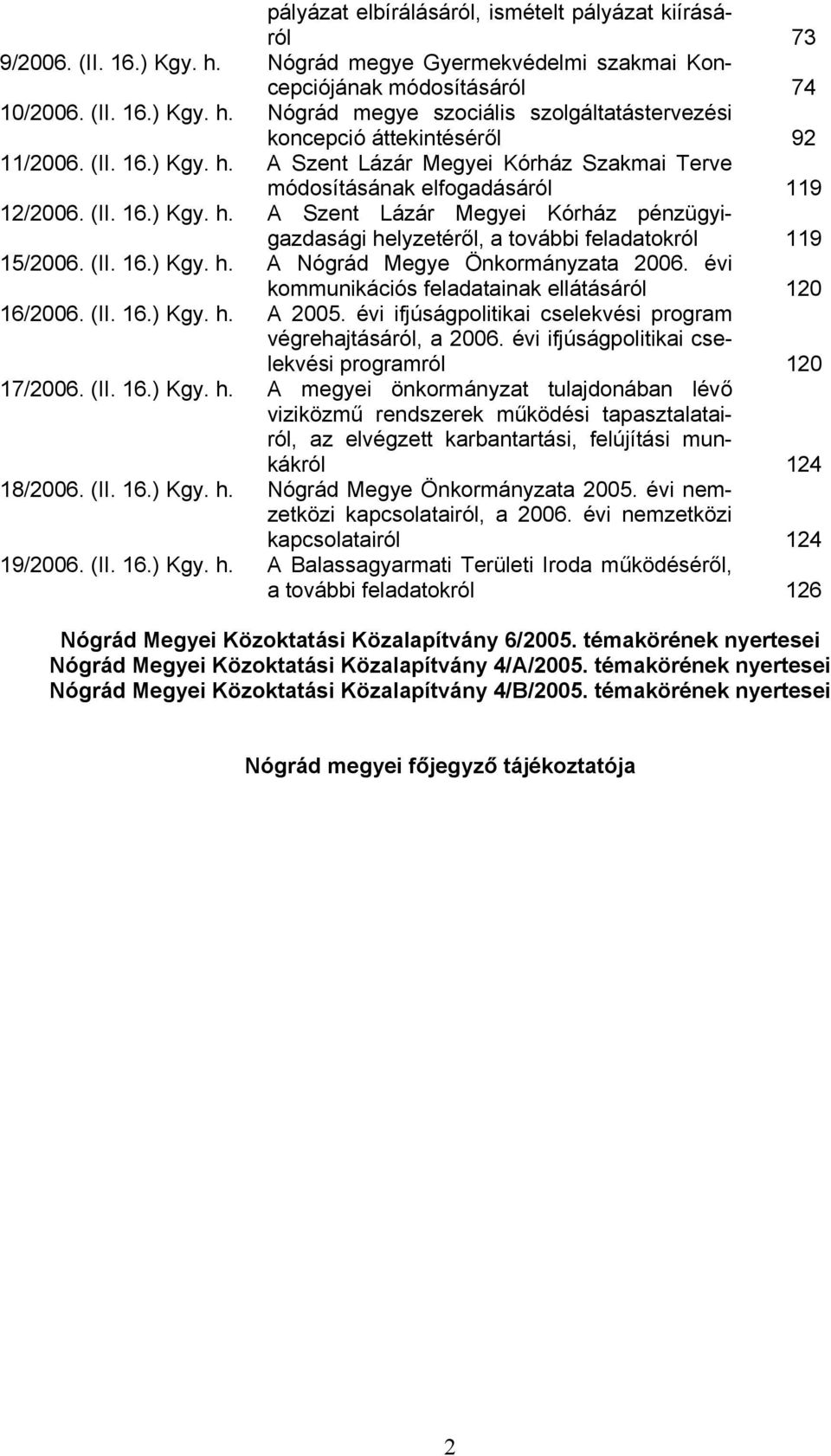 (II. 16.) Kgy. h. A Nógrád Megye Önkormányzata 2006. évi kommunikációs feladatainak ellátásáról 120 16/2006. (II. 16.) Kgy. h. A 2005. évi ifjúságpolitikai cselekvési program végrehajtásáról, a 2006.
