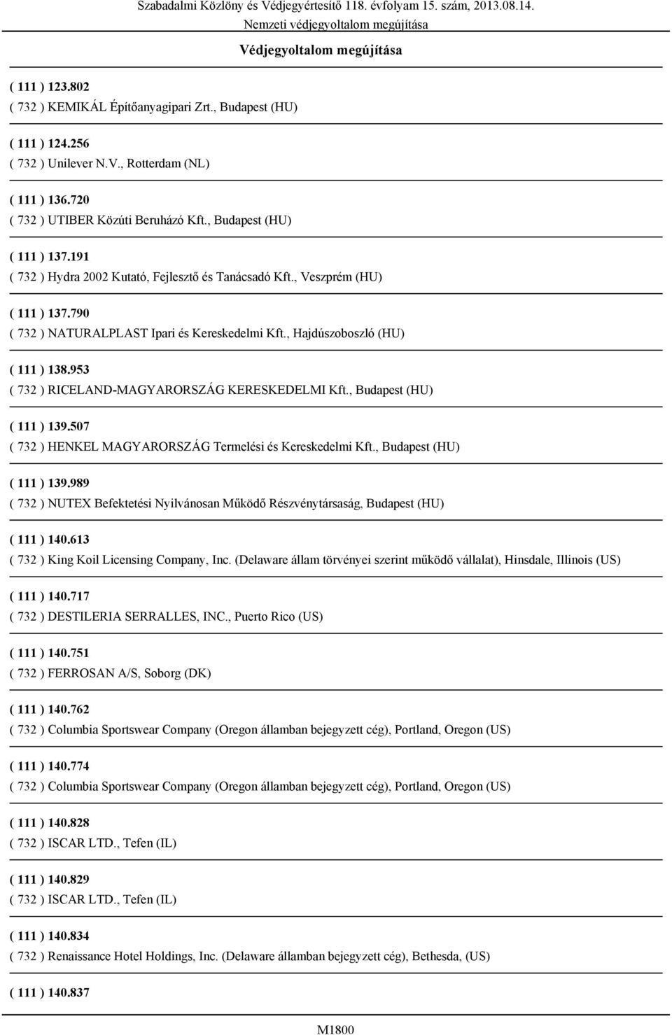 953 ( 732 ) RICELAND-MAGYARORSZÁG KERESKEDELMI Kft., Budapest (HU) ( 111 ) 139.507 ( 732 ) HENKEL MAGYARORSZÁG Termelési és Kereskedelmi Kft., Budapest (HU) ( 111 ) 139.989 ( 732 ) NUTEX Befektetési Nyilvánosan Működő Részvénytársaság, Budapest (HU) ( 111 ) 140.