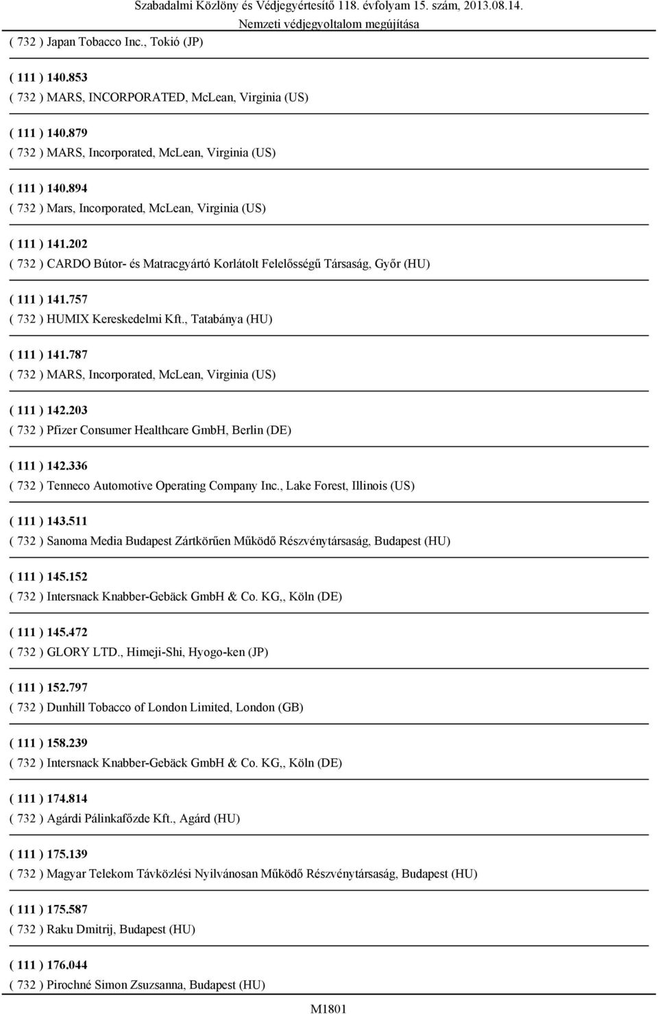 , Tatabánya (HU) ( 111 ) 141.787 ( 732 ) MARS, Incorporated, McLean, Virginia (US) ( 111 ) 142.203 ( 732 ) Pfizer Consumer Healthcare GmbH, Berlin (DE) ( 111 ) 142.