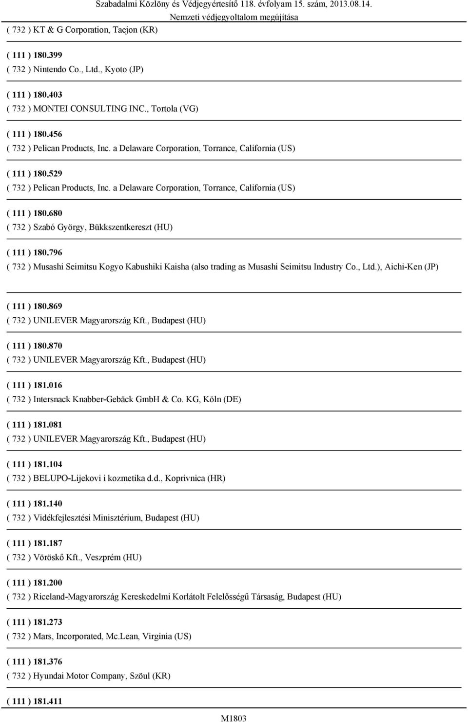 796 ( 732 ) Musashi Seimitsu Kogyo Kabushiki Kaisha (also trading as Musashi Seimitsu Industry Co., Ltd.), Aichi-Ken (JP) ( 111 ) 180.869 ( 111 ) 180.870 ( 111 ) 181.