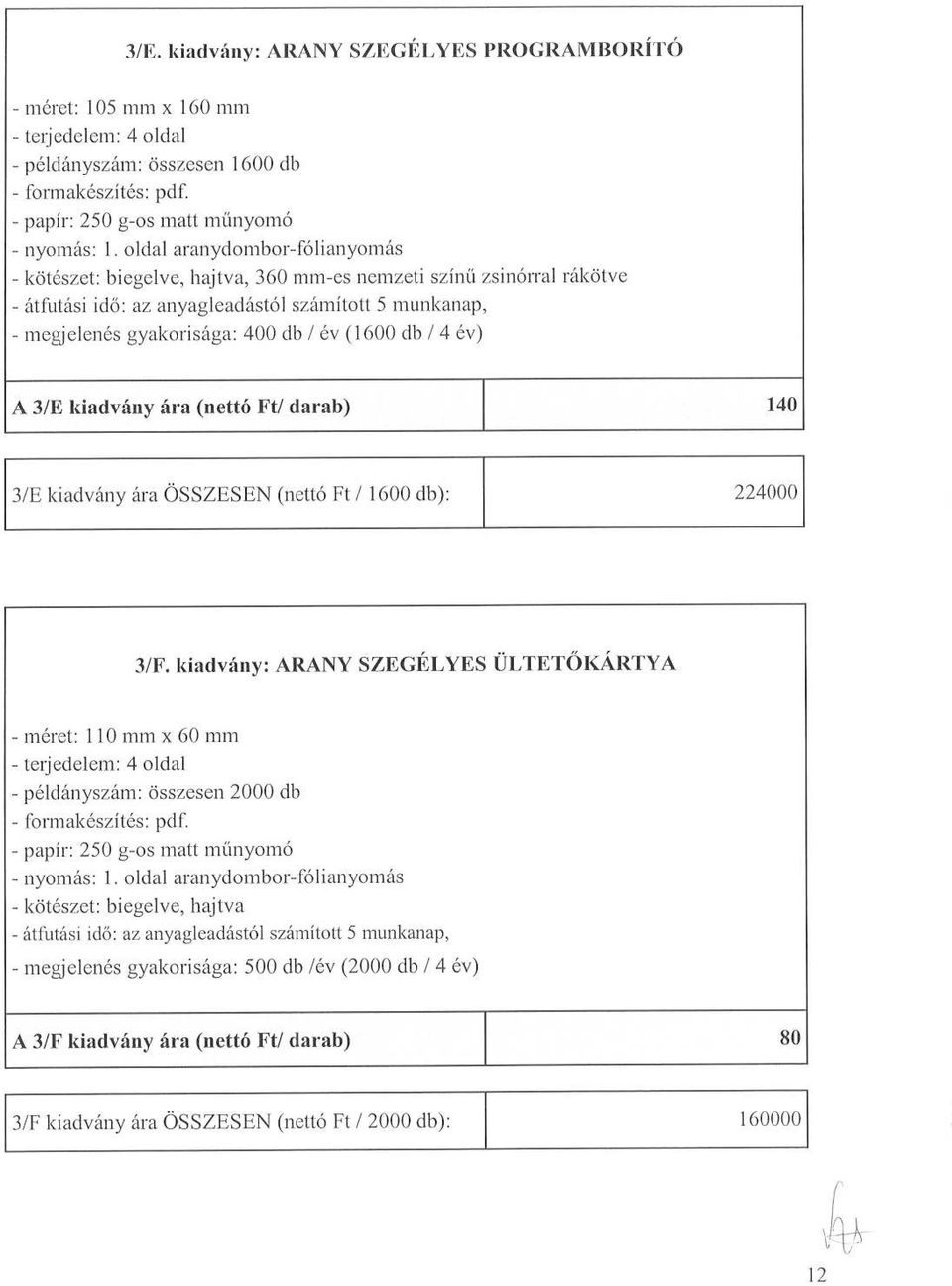 (1600 db / 4 év) A 3/E kiadvány ára (nettó Ft/ darab) 140 3/E kiadvány ára ÖSSZESEN (nettó Ft / 1600 db) : 224000 3/F.