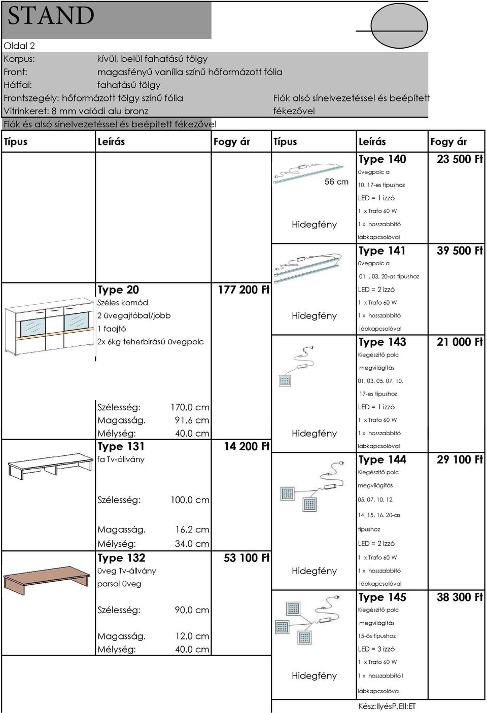 típushoz 39 500 Ft Type 20 177 200 Ft LED = 2 izzó Széles komód 2 üvegajtóbal/jobb Hidegfény 1 x hosszabbító 1 faajtó lábkapcsolóval 2x 6kg teherbírású üvegpolc Type 143 21 000 Ft Kiegészítı polc 01,