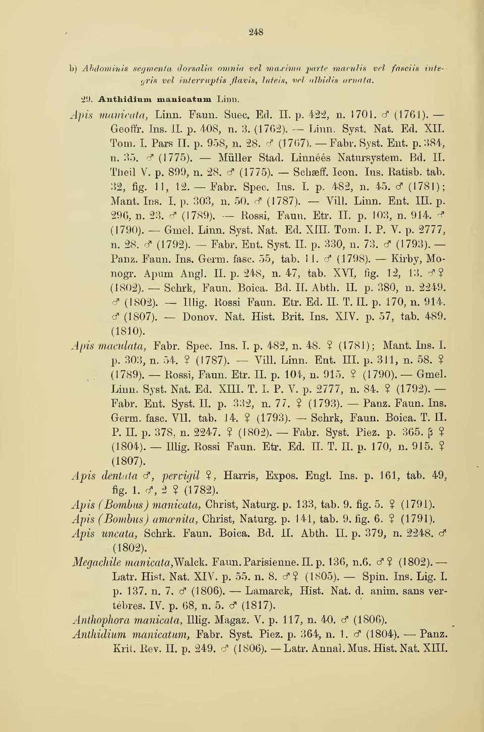 35. cf (J 775). Müller Stad. Linnéés Natursystem. Bd. IL Theil V. p. 899, n. 28. ^ (1775). Schseff. Icon. Ins. Ratisb. tab. 32, fig. 11, 12. Fabr. Spec. lus. L p. 482, n. 45. cf (1781); Mant. Ins. I. p. 303, n.
