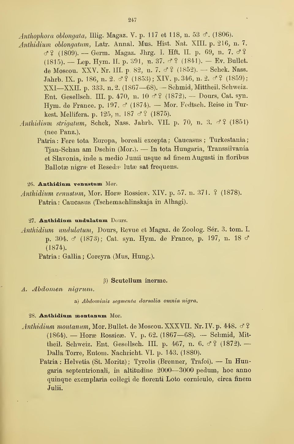 p. 333. n. 2. (1867 68). Schmid, Mittheil. Schweiz. Eni Gesellsch. III. p. 470, n. 10 c?? (1872). Dours, Cat. syn. Hym. de France, p. 197. cf (1874). Mor. Fedtsch. Reise in Turkest. Mellifera. p. 125, n.
