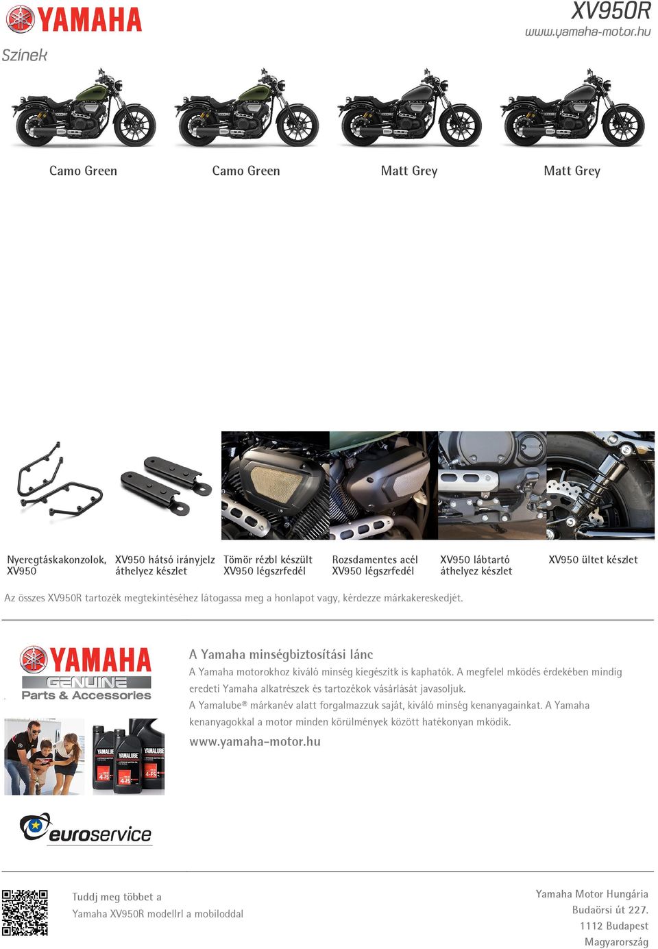 A Yamaha minségbiztosítási lánc A Yamaha motorokhoz kiváló minség kiegészítk is kaphatók. A megfelel mködés mindig eredeti Yamaha alkatrészek és tartozékok vásárlását javasoljuk.