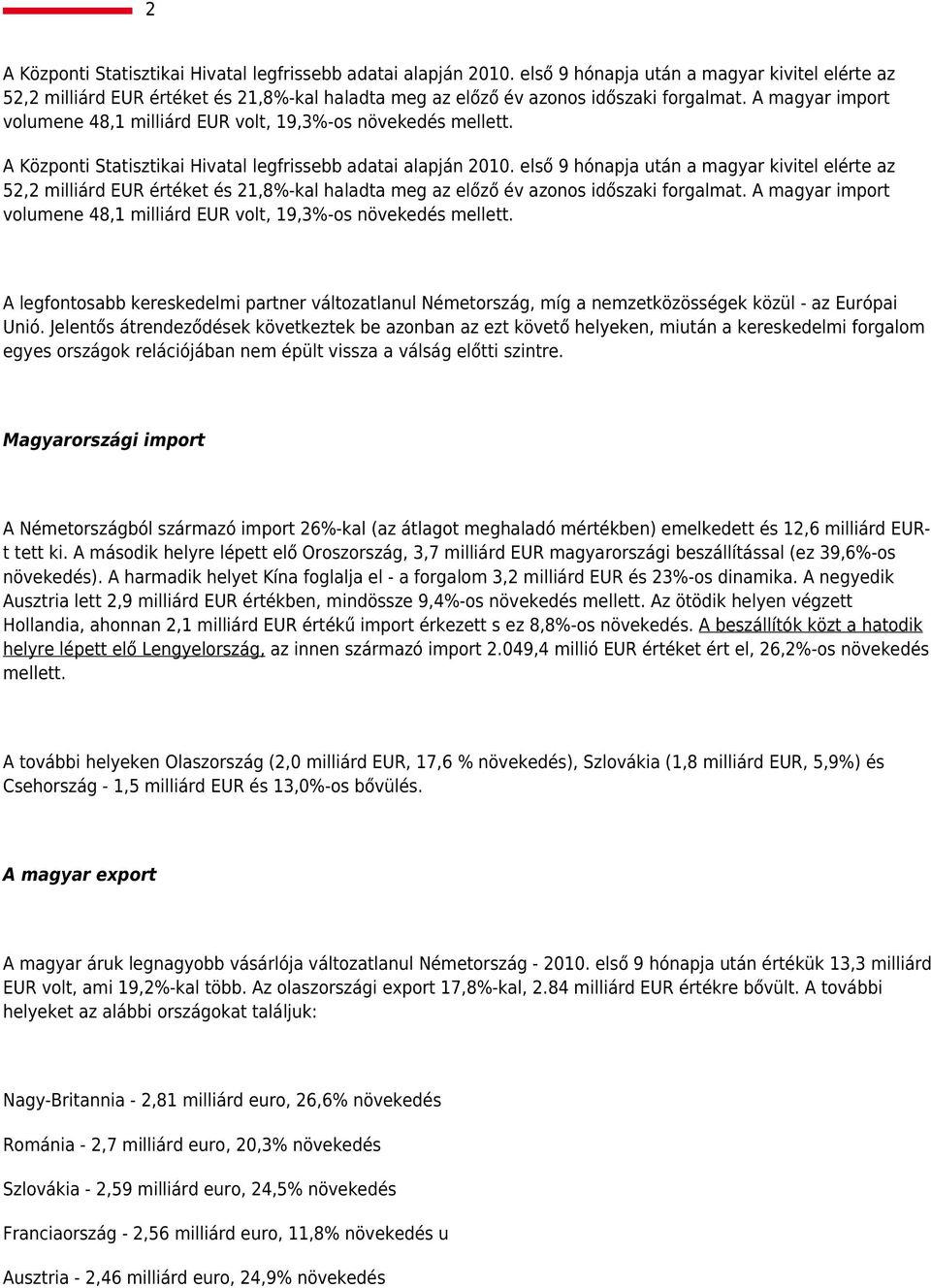 A magyar import volumene 48,1 milliárd EUR volt, 19,3%-os növekedés mellett. A Központi Statisztikai Hivatal legfrissebb adatai alapján 2010.