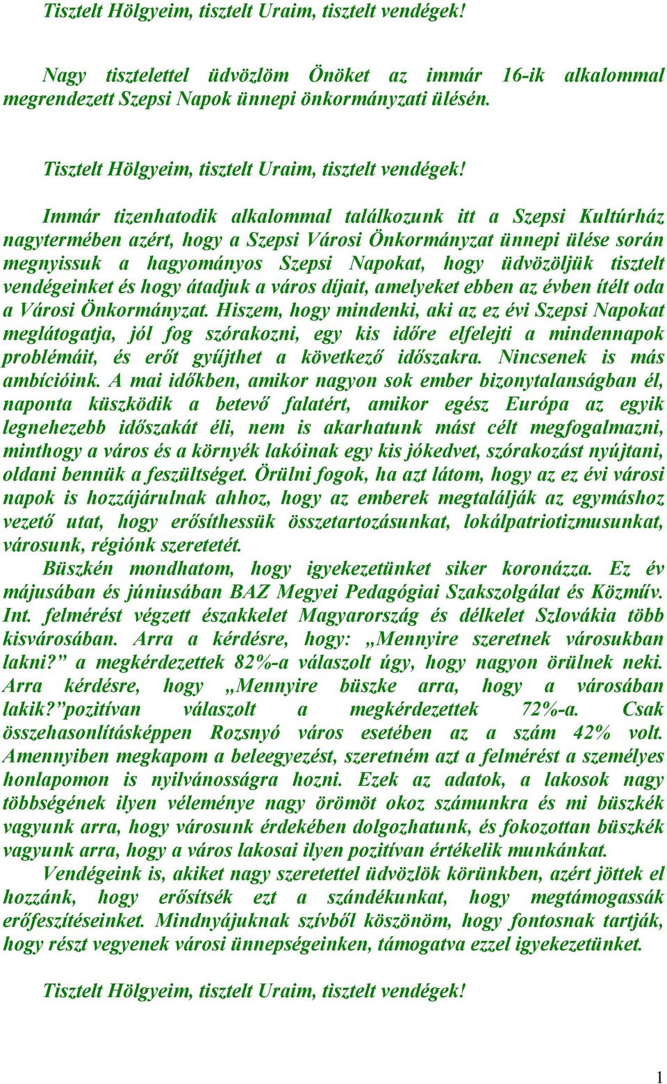 Immár tizenhatodik alkalommal találkozunk itt a Szepsi Kultúrház nagytermében azért, hogy a Szepsi Városi Önkormányzat ünnepi ülése során megnyissuk a hagyományos Szepsi Napokat, hogy üdvözöljük