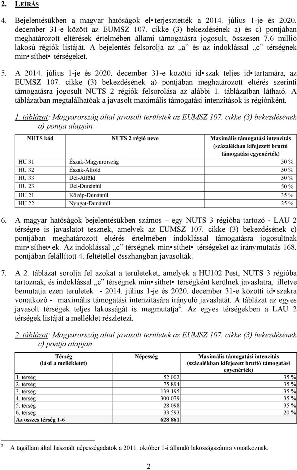 A bejelentés felsorolja az a és az indoklással c térségnek min síthet térségeket. 5. A 2014. július 1-je és 2020. december 31-e közötti id szak teljes id tartamára, az EUMSZ 107.