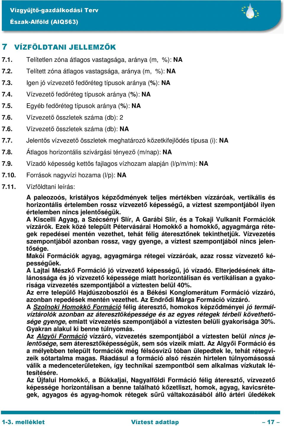 8. Átlagos horizontális szivárgási tényező (m/nap): NA 7.9. Vízadó képesség kettős fajlagos vízhozam alapján (l/p/m/m): NA 7.10. Források nagyvízi hozama (l/p): NA 7.11.