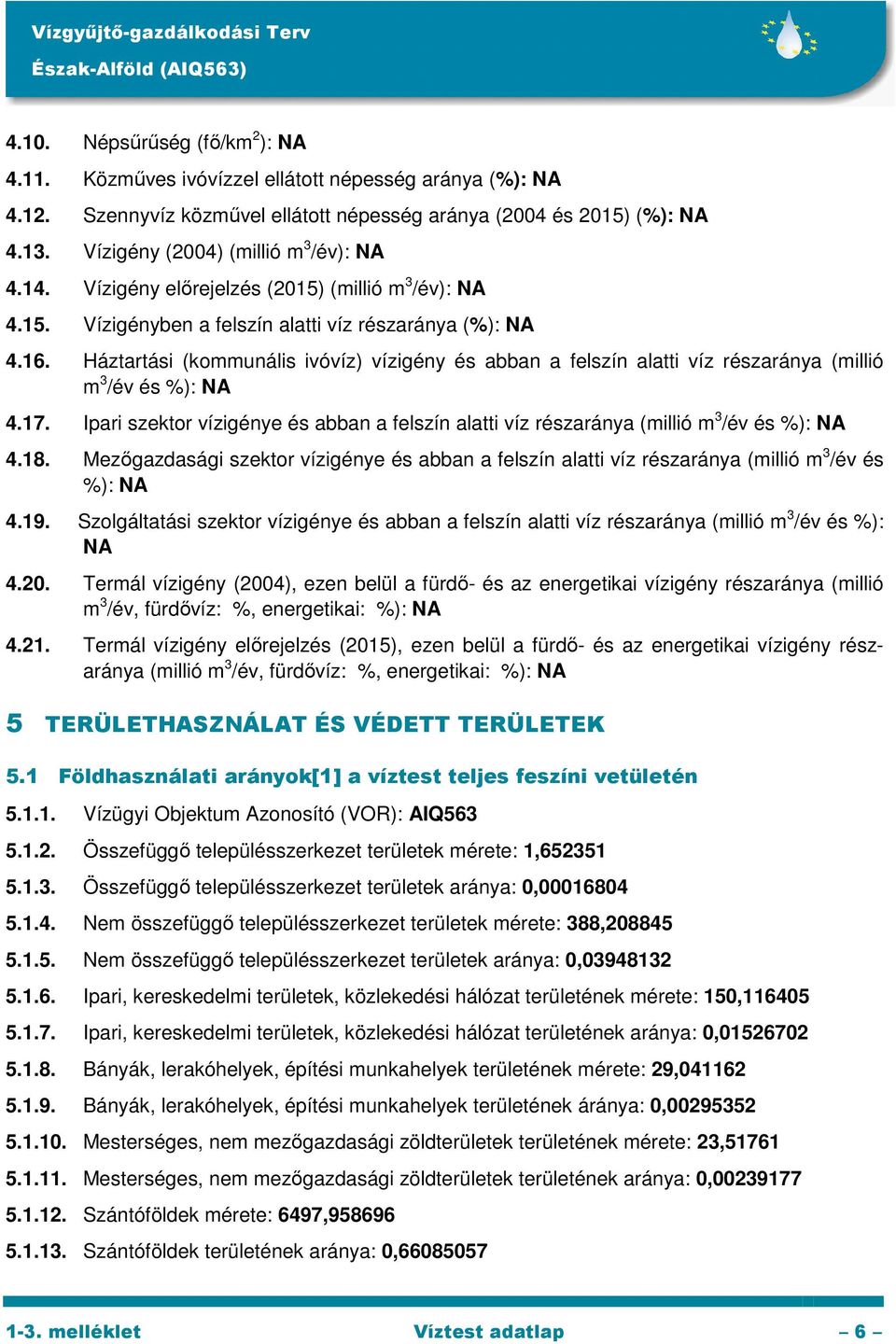 Háztartási (kommunális ivóvíz) vízigény és abban a felszín alatti víz részaránya (millió m 3 /év és %): NA 4.17.