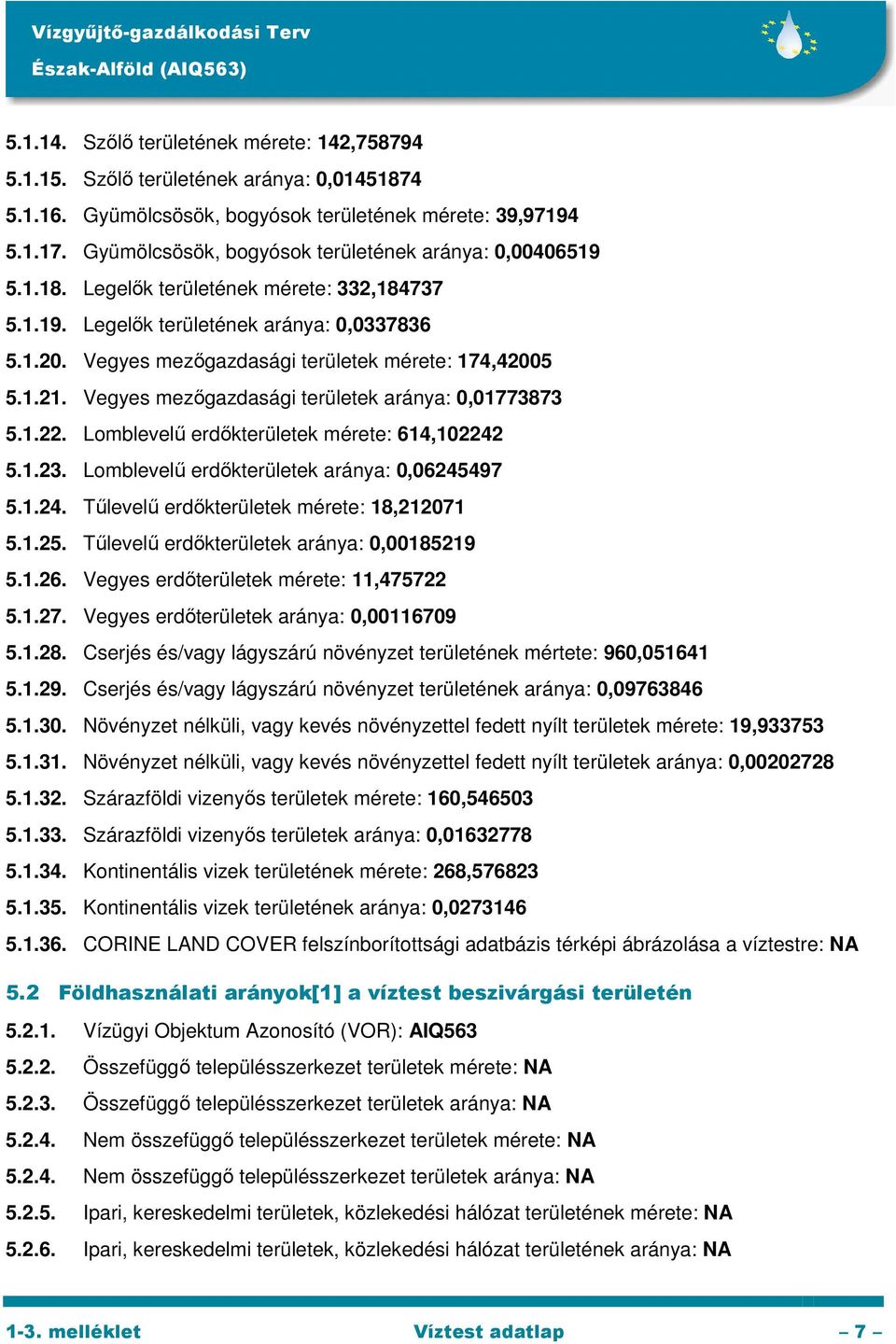 Vegyes mezőgazdasági területek mérete: 174,42005 5.1.21. Vegyes mezőgazdasági területek aránya: 0,01773873 5.1.22. Lomblevelű erdőkterületek mérete: 614,102242 5.1.23.