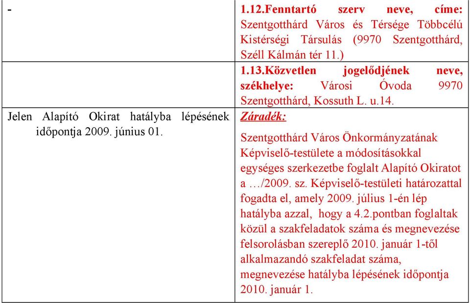 Szentgotthárd Város Önkormányzatának Képviselő-testülete a módosításokkal egységes szerkezetbe foglalt Alapító Okiratot a /2009. sz. Képviselő-testületi határozattal fogadta el, amely 2009.