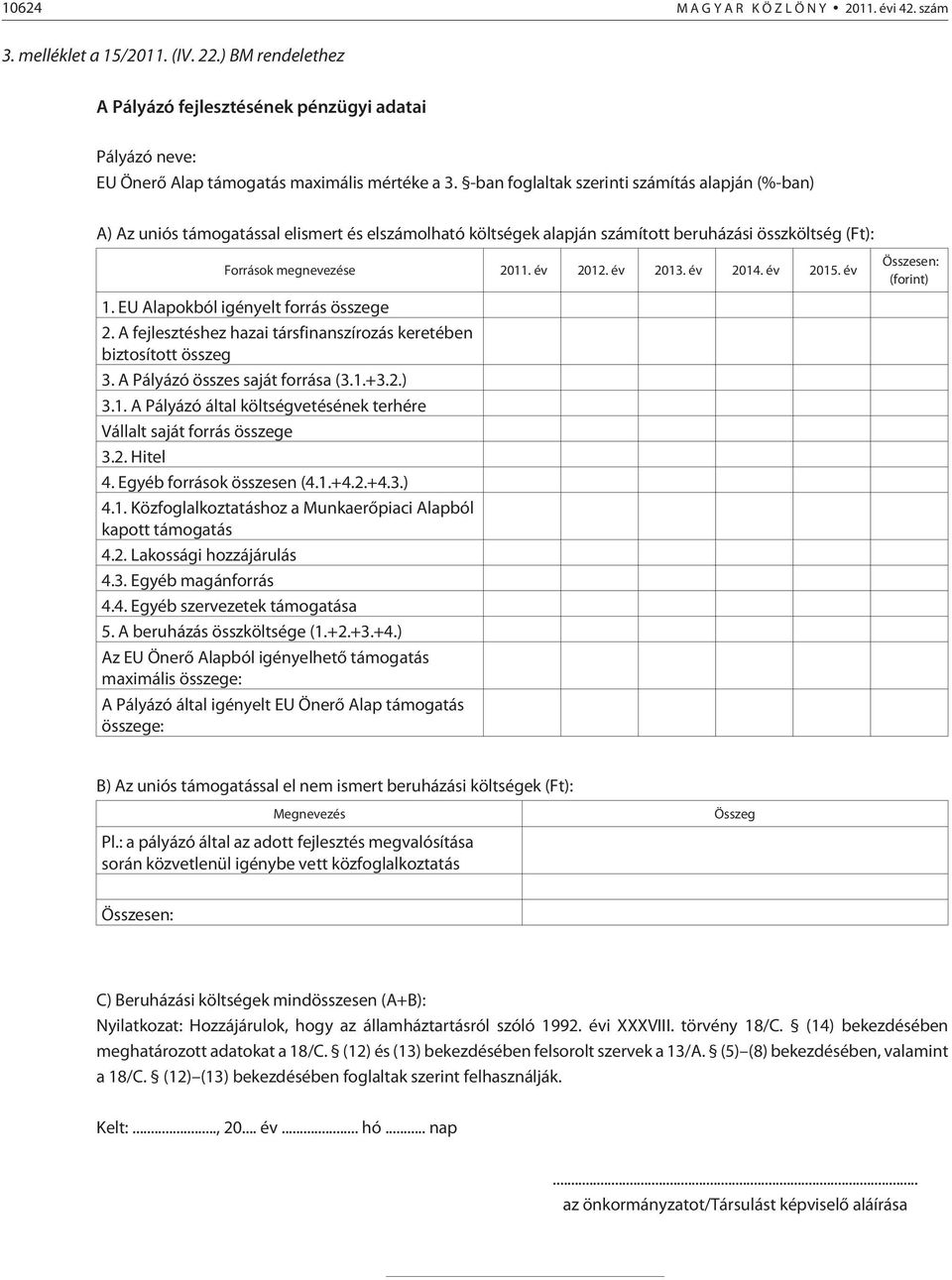 -ban foglaltak szerinti számítás alapján (%-ban) A) Az uniós támogatással elismert és elszámolható költségek alapján számított beruházási összköltség (Ft): Források megnevezése 2011. év 2012. év 2013.