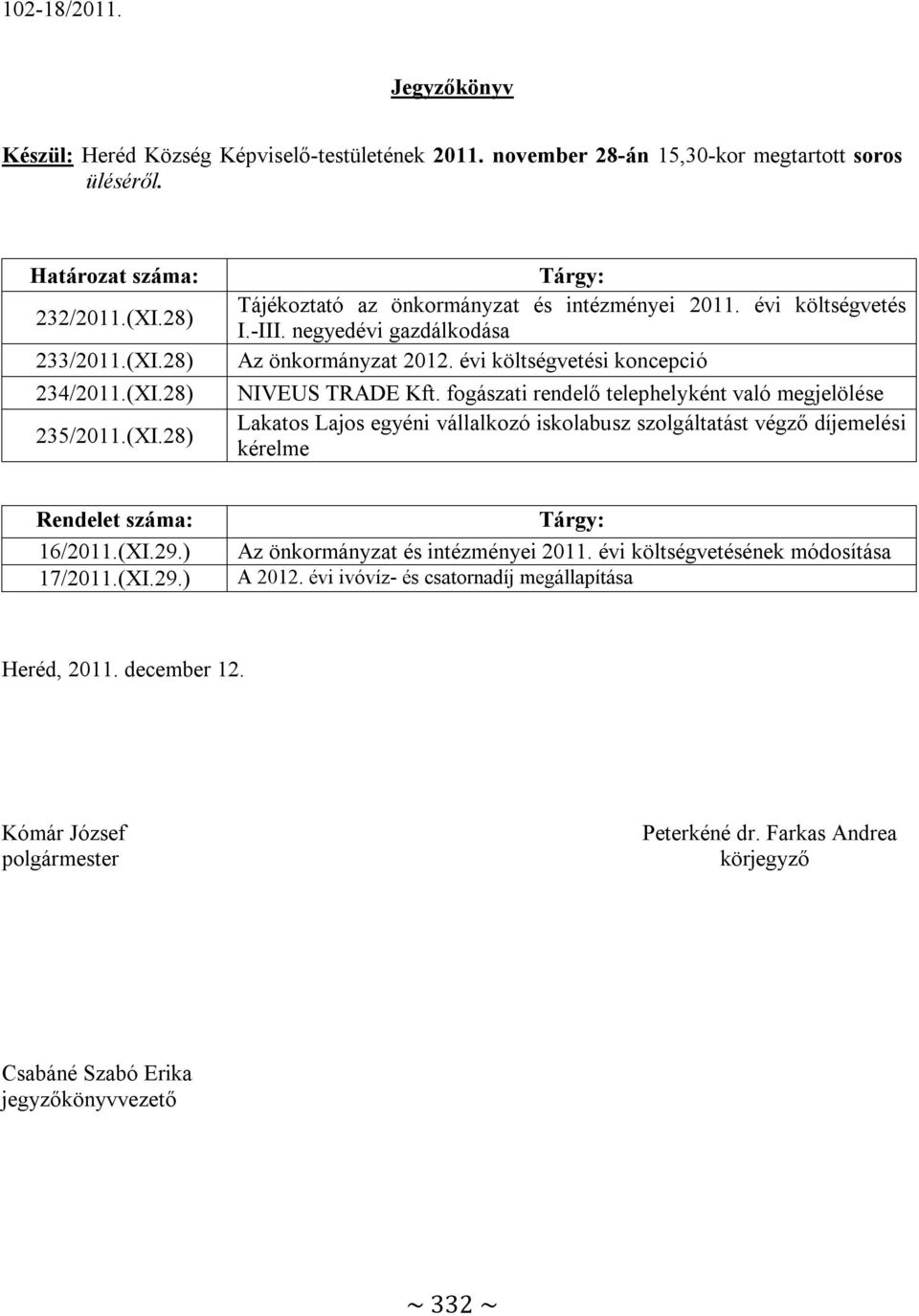 fogászati rendelő telephelyként való megjelölése Lakatos Lajos egyéni vállalkozó iskolabusz szolgáltatást végző díjemelési kérelme Rendelet száma: 16/2011.(XI.29.